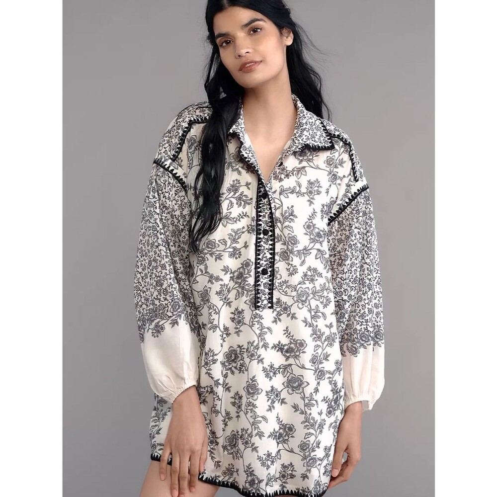 Anthropologie Ivory and Black Floral Puff Sleeve Shirt Mini Dress Large